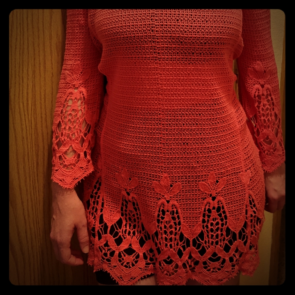Coral/Pink crochet over shirt/dress